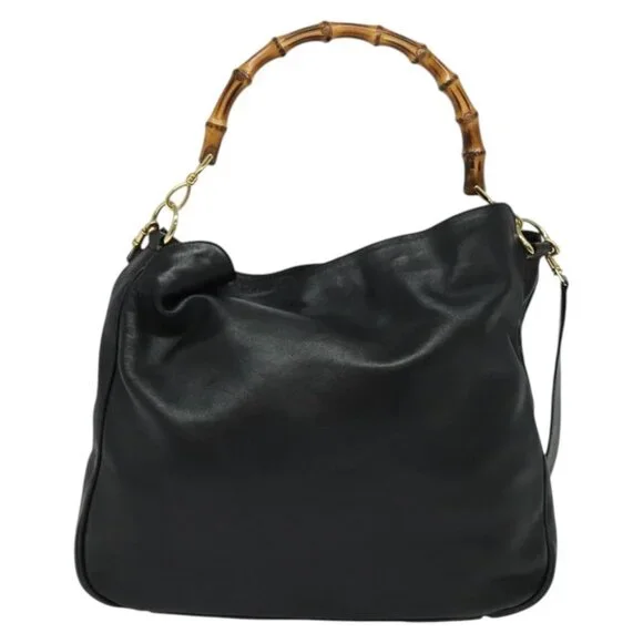 GUCCI Bamboo Hand Bag Leather 2way Black Gold 001 2123 1577 Auth 135785